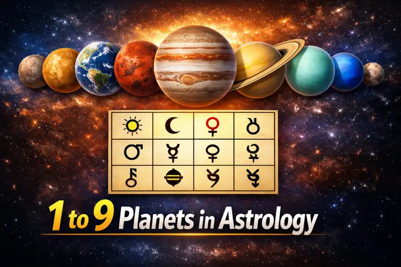 Illustration of the nine planets in astrology