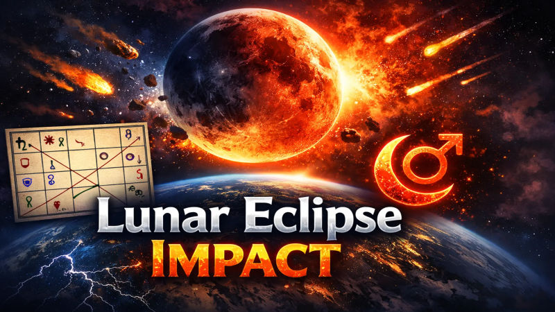 Artistic depiction of a lunar eclipse casting a glow on a cosmic astrological wheel