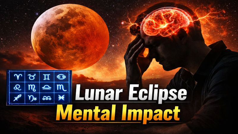 Conceptual image of a woman contemplating under a dark sky with eclipse and zodiac motifs