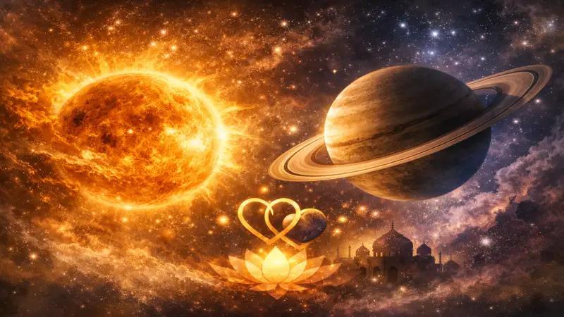 Illustration of the Sun and Saturn conjunction representing networks and gains (11th house)