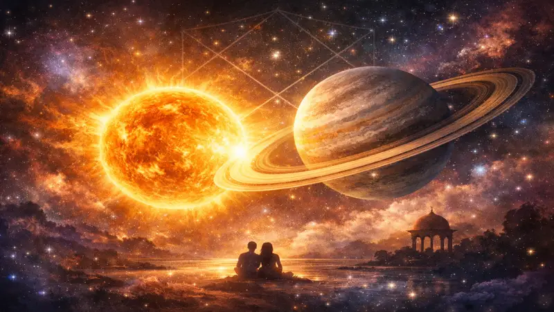 Stylized portrayal of the Sun and Saturn conjunction in the 7th house, symbolizing relationships